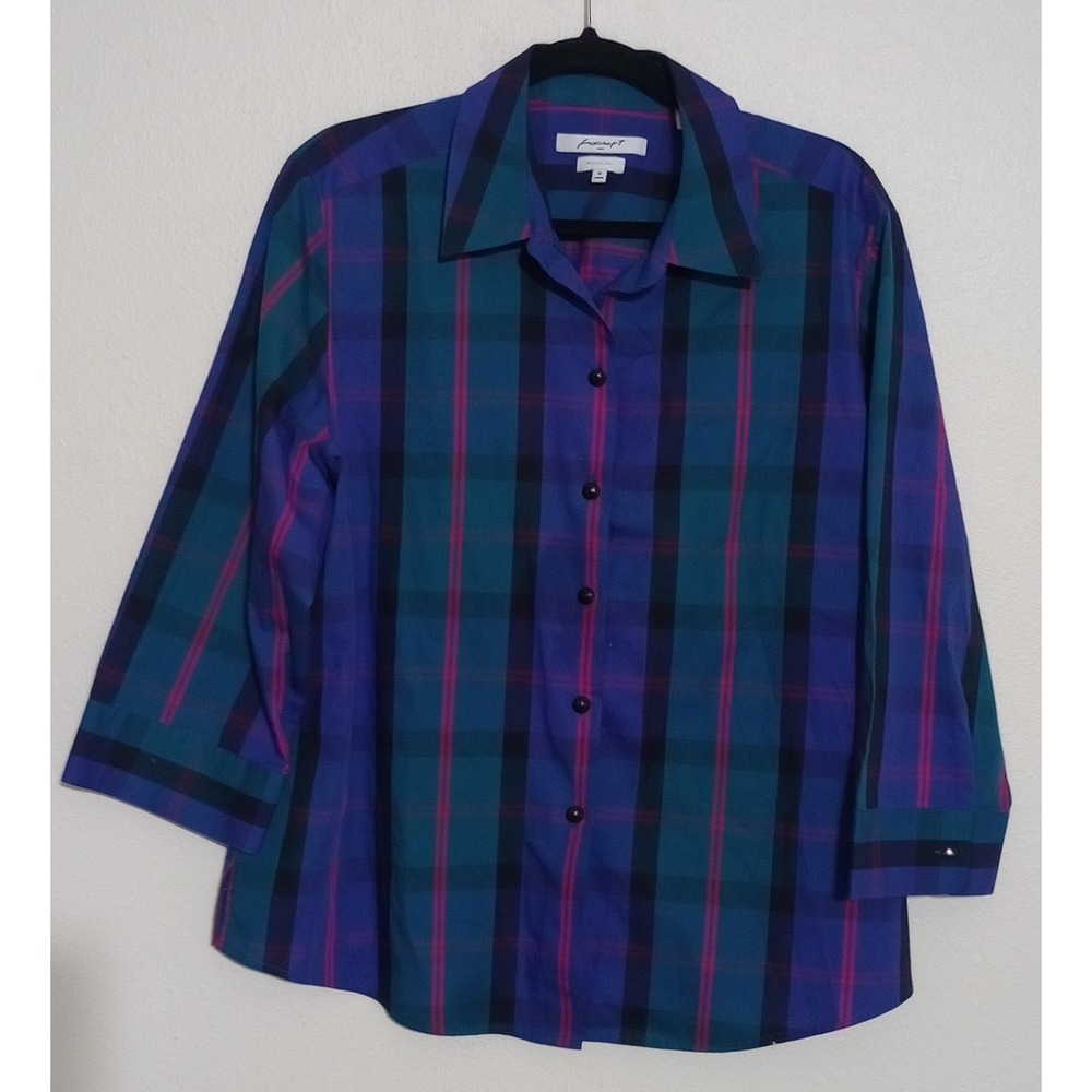 Foxcroft NYC Wrinkle Free Plaid Button Down Shirt Blue Teal Magenta Womens 18